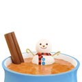 Snowman in a cup of hot chocolate or cocoa, 3d render. Creative cappuccino with marshmallows. Marshmallow in the form of a snowman