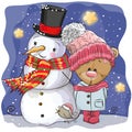 Snowman and Cute Cartoon Teddy Bear girl Royalty Free Stock Photo