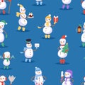 Snowman cute cartoon winter christmas character man holiday merry xmas snow boys and girls vector illustration seamless