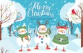 Snowman. Cute funny snowmen in winter clothes with gift and snowball outdoor. Christmas and happy new year greeting card
