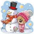 Snowman and Cute Teddy Bear girl in a hat Royalty Free Stock Photo