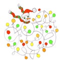 Snowman dancing with christmas tree garland, graphic linear color drawing on white background