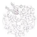 Snowman dancing with christmas tree garland, graphic linear drawing on white background