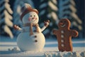 Snowman dancing in the snow with a gingerbread man