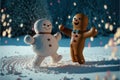Snowman dancing in the snow with a gingerbread man