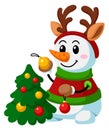 Snowman decorating christmas tree. Funny cartoon character