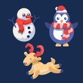 Snowman, deer and penguin on navy blue backdrop Royalty Free Stock Photo