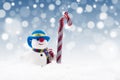 Snowman doll with candy cane Royalty Free Stock Photo
