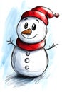 A snowman donned in a red hat and two red scarves Royalty Free Stock Photo