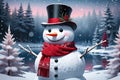 Snowman Donning a Red Scarf and Top Hat Amidst Gently Falling Snowflakes, Background of a Soft Focus Winter Wonderland