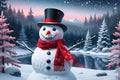 Snowman Donning a Red Scarf and Top Hat Amidst Gently Falling Snowflakes, Background of a Soft Focus Winter Wonderland