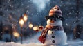 Snowman Dressed in a carrot nose, top hat, and scarf, symbol of Christmas and New Year\'s celebrations. Generative Ai