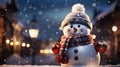 Snowman Dressed in a carrot nose, top hat, and scarf, symbol of Christmas and New Year\'s celebrations. Generative Ai