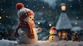 Snowman Dressed in a carrot nose, top hat, and scarf, symbol of Christmas and New Year\'s celebrations. Generative Ai