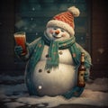 Drunk Snowman drinking beer, friendly face. Winter scene. Holding two beers to share with friends Royalty Free Stock Photo