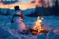 A snowman enjoys the warmth of a fire as snow falls all around, A friendly-faced snowman sitting by a roaring campfire in the