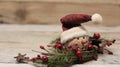 Snowman face with hat on wood background