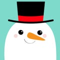 Snowman face head. Carrot nose, black hat. Merry Christmas. Cute cartoon funny kawaii character. Blue winter background. Happy New Royalty Free Stock Photo