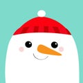 Snowman face head. Carrot nose, red hat. Merry Christmas. Cute cartoon funny kawaii character. Happy New Year. Blue winter Royalty Free Stock Photo