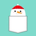 Snowman face head. T-shirt pocket. Carrot nose, red hat. Merry Christmas. Cute cartoon funny kawaii character. Happy New Year.