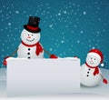 Snowman family in Christmas winter scene with sign