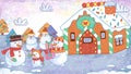 Snowman Family Outside of a Gingerbread House. Winter Christmas Holiday Season Crayon Drawing and Doodling Royalty Free Stock Photo