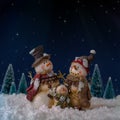 Snowman Family Under a Stary Night Sky Royalty Free Stock Photo