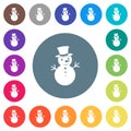 Snowman flat white icons on round color backgrounds
