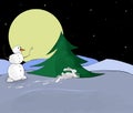 Snowman in the forest against the background of the moon, scared the hare under the tree