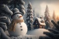 Snowman forest and mountain background. Christmas concept. Generative ai