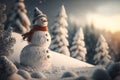 Snowman forest and mountain background. Christmas concept. Generative ai