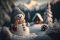 Snowman forest and mountain background. Christmas concept. Generative ai