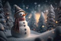 Snowman forest and mountain background. Christmas concept. Generative ai