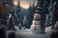 Snowman forest and mountain background. Christmas concept. Generative ai