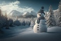 Snowman forest and mountain background. Christmas concept. Generative ai