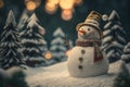 Snowman forest and mountain background. Christmas concept. Generative ai