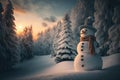 Snowman forest and mountain background. Christmas concept. Generative ai