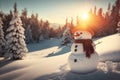 Snowman forest and mountain background. Christmas concept. Generative ai