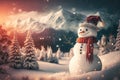 Snowman forest and mountain background. Christmas concept. Generative ai
