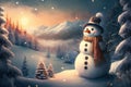 Snowman forest and mountain background. Christmas concept. Generative ai