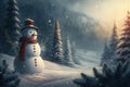 Snowman forest and mountain background. Christmas concept. Generative ai