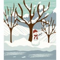 Snowman in forest under snow Christmas vector