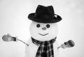 Snowman the friend is standing in winter hat and scarf with red nose. Cute little snowman outdoor. Snowman isolated on Royalty Free Stock Photo