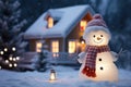 Snowman on a front yard of idyllic house decorated with lights and garlands for Christmas eve