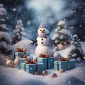 Snowman and gift boxes in a snowy forest. Christmas and New Year background. Generative AI Royalty Free Stock Photo