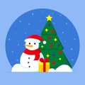 Snowman with a gift and a decorated Christmas tree Royalty Free Stock Photo