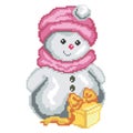 Snowman with a gift of yellow color for the New Year, Christmas drawn by squares, pixels