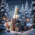 Snowman with gifts in the forest at night. 3d illustration. Generative AI Royalty Free Stock Photo