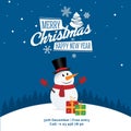 Snowman with gifts and sign - Merry Christmas and Happy New Year party banner, greetings card