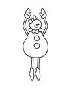 A snowman girl dances on her toes with her hands raised. Winter female character. Vector illustration in a doodle style.